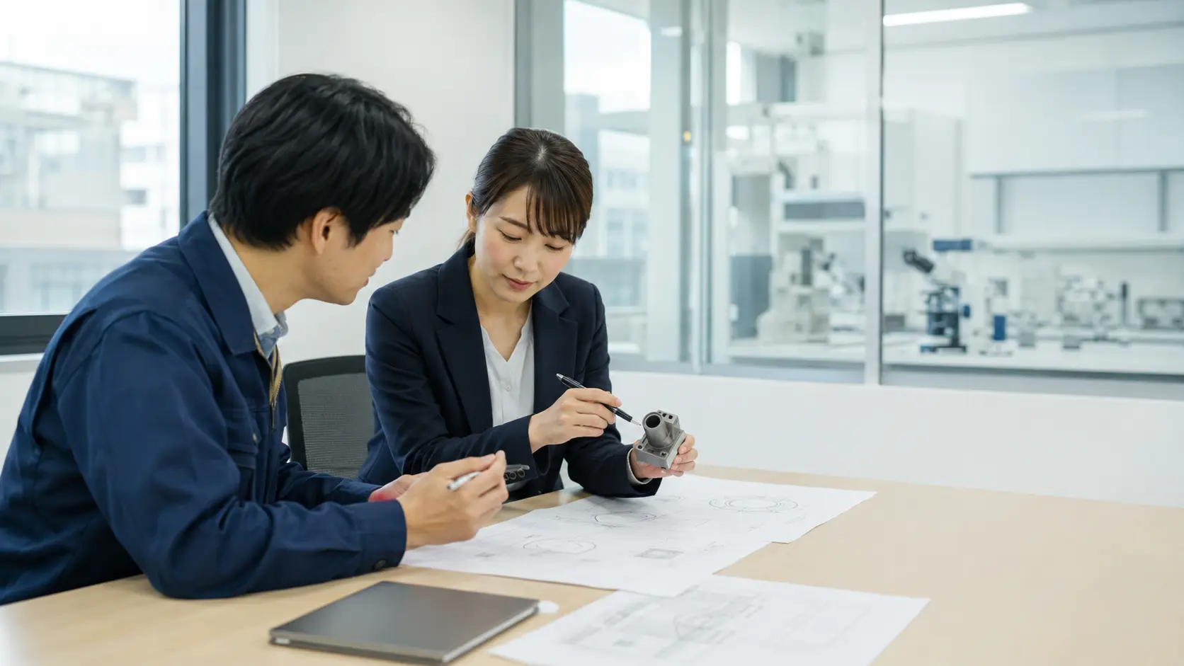 試作品と図面を見ながら、事業と知財の判断材料を検討するイメージ